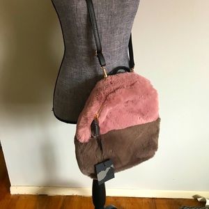 Faux fur crossbody back pack dusty rose & taupe
